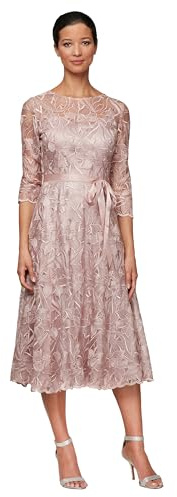 Alex Evenings Damen-Cocktailkleid in Midilänge mit Stickerei und transparenten Ärmeln, für Hochzeitsgäste (Petite- und reguläre Größen)