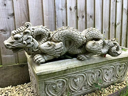 Statue de dragon chinois en pierre reconstituée | Décoration de jardin mythique vintage
