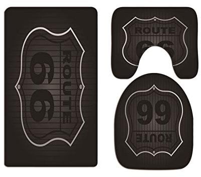 A.Monamour Badezimmer Badematte 3 Teilig Set Usa Route 66 Schwarzer Hintergrund Flanell WC Toilette Deckel Deckt Bad Matte Teppich Badteppiche Badvorleger Badgarnitur Vorleger