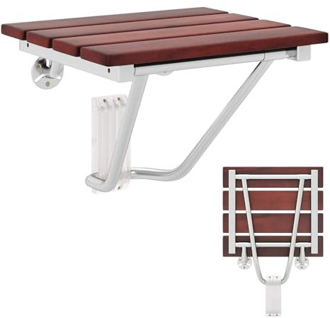 COSTWAY Folding Shower Stool, Wall Mounted Fold up Bath Chair, Elderly Pregnant Handicap Disabled Wooden Shower Seat Bench for Home Bathroom Dressing Room