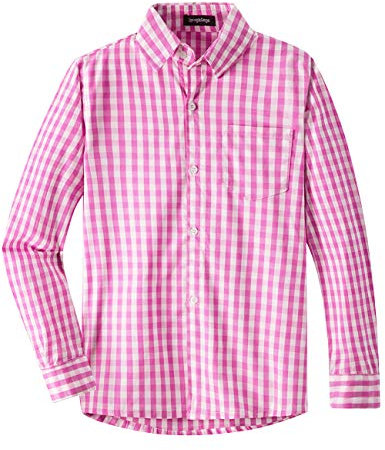 Spring&Gege Chemise boutonnée à manches longues pour garçons - Chemise décontractée à rayures verticales (3-14 ans), Vichy rose à grands carreaux, 5-6 ans