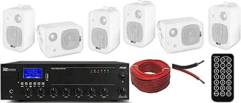 IMPIANTO AUDIO FILODIFFUSIONE LOCALI 100Watt+6 Altoparlanti+Bluetooth+100Mt Cavo