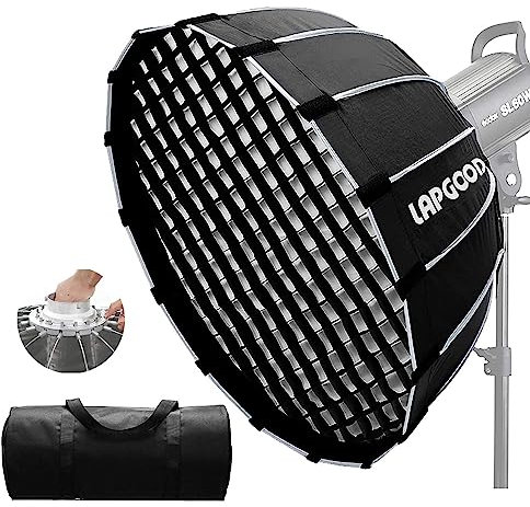 Lapgood QR90 90 cm Softbox, tragbarer, faltbarer Bowens-Rahmen mit Wabenraster, tiefer Paraboloid-Oberfläche, schnelle Installation, wie Godox SL60W, ML60, ML60BI VL150, SZ150R, SL150WII, VL300, etc.