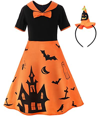 ReliBeauty Robe Fille Citrouille Orange Noire Halloween Déguisement Enfant Accessoire Serre-Tête Sorcière 7-8ans 120