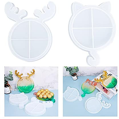 Yalulu 2 Stück DIY Tablett Epoxidharz Formen GießFormen, Weihnachten Geweih Katze Epoxy Resin GießHarz Formen, Servierbrett Silikonform Gießform DIY Untersetzer Silikonform