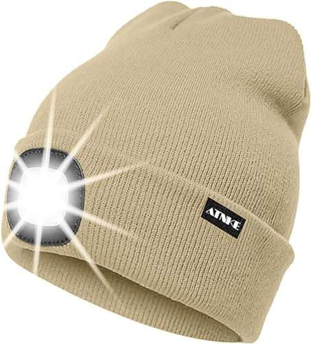 ATNKE LED Beleuchtete Mütze,Wiederaufladbare USB Laufmütze mit Licht Extrem Heller 4 LED Lampe Winter Warme Stirnlampe für Herren und Damen Geschenke/Beige