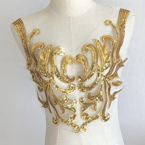 Yulakes Gold Stickerei Spitze Applikation Patch Gold Pailletten Spitze Ausschnitt Kragen Hochzeit edles Kleid Nähen DIY Brautkleid Dekoration Kleidung Zubehör (Style 3)