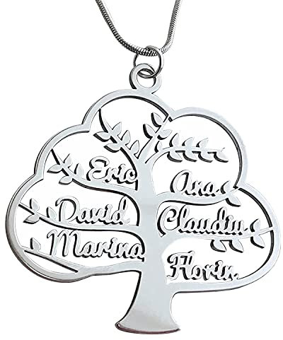 Collar Personalizado con nombres, Árbol de la Vida para Mujer en Plata, Cadena, Hasta 10 nombres, Colgante Corazón de Acero Inoxidable, Joyería Personalizada Regalo para Familia, Amigos, Abuela, Madre
