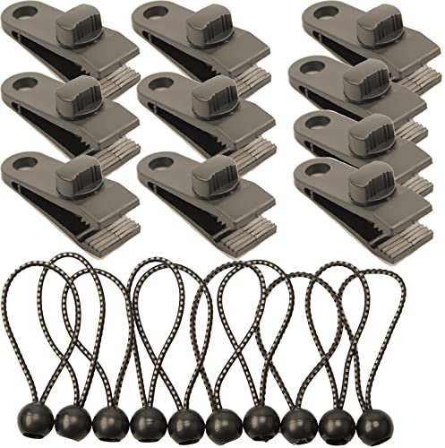 10pcs Tarp Clips Awning Clamp Heavy Duty Lock Grip with 10pcs Ball Bungee Cords, Fixed Plastic Linoleum Tent Clips Tarp clamps Tent fasteners, Tent tarp Tarpaulin Canvas Clips for Outdoor Camping