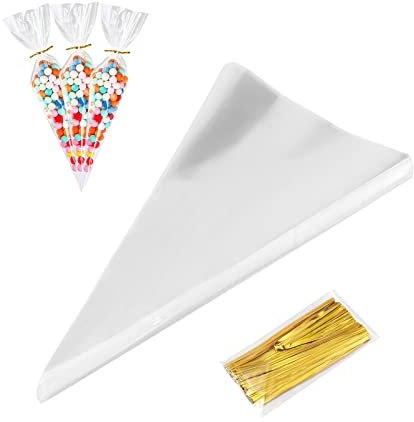 AZWOOD Süßigkeiten Tüten Transparent, 25x13cm Cone Tüte Candy, 100 Stück Bonbon Beutel mit 100 Bindebaender - Cellophantüten Klar für Süßigkeiten Schokolade Kekse Popcorn
