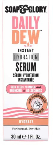Soap & Glory Daily Dew Instant Hydrating Gesichtsserum – Durstlöschendes Vitamin B5, Rosenwasser + Hyaluronsäure-Serum – leichte, schnell einziehende, vegane Feuchtigkeitsbehandlung (30 ml)