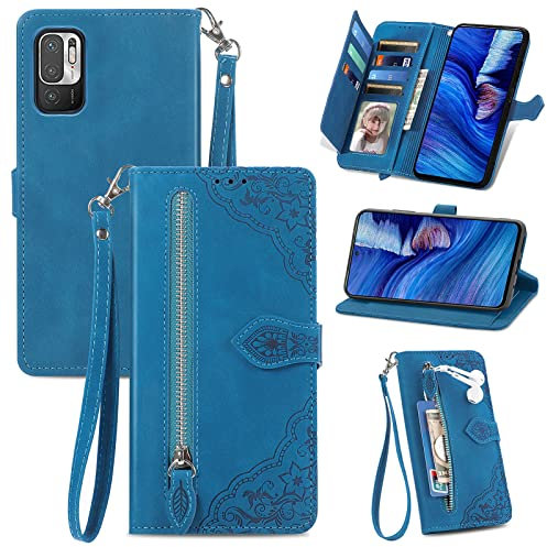 MOJIA Coque Porte Monnaie pour Xiaomi Redmi Note 10 5G | Note 10T | Poco M3 Pro 5G, Etui Portefeuille en Cuir PU avec Cover en TPU, Etui Multifonctionnel Porte-Cartes avec Dragonne. Bleu