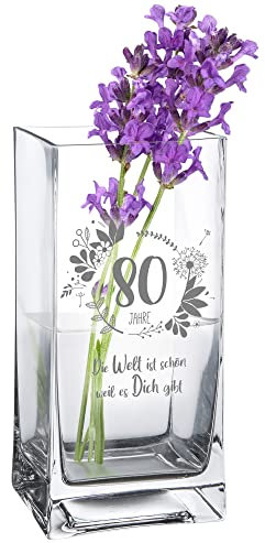 Casa Vivente Vase zum 80. Geburtstag mit süßer Gravur, Eckige Glasvase mit Alter und Spruch als Geburtstagsgeschenk für Frauen, Blumenvase für Moderne Deko