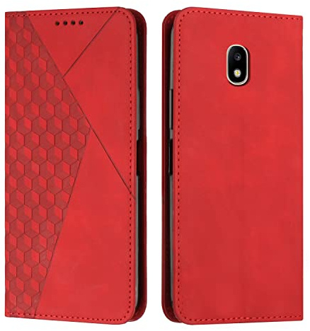 KOUYI Kompatible mit Samsung Galaxy J3 2017 / J330 Hülle, Retro Premium PU Leder Weich TPU Klapphülle Kartenfächer Magnetic Standfunktion Flip Wallet Shockproof Handyhülle (Rot)