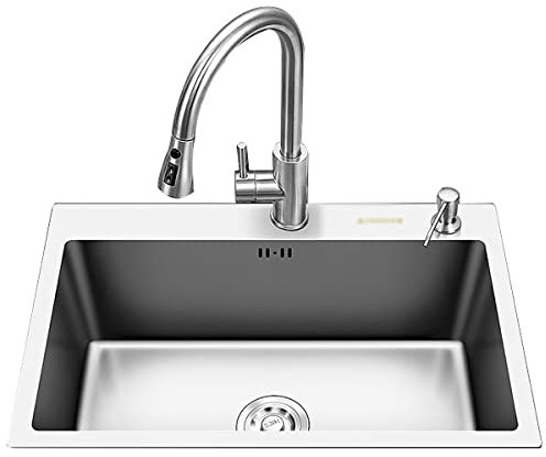Silberne Edelstahlspüle Küchenspüle Einzelspüle Mit Wasserhahn Verdickte Platte Lange Lebensdauer Metallziehverfahren (Color : Silver, S : 68x45cm)