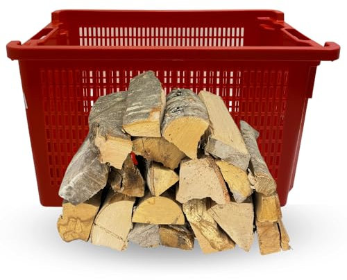 Legna da Ardere di Faggio (10 kg), Secca e Pronta all'uso, in Tronchetti 25-30 cm con Cesta Portalegna Impilabile e Sovrapponibile da 40 Litri, cm. 56x35x31