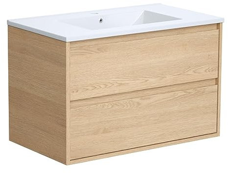 Vente-unique-Waschbeckenunterschrank hängend mit Einbauwaschbecken - 80 cm - Eichenholzfurnier - MILIPAM