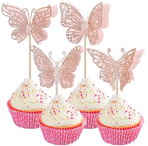 24 Pack Butterfly Cupcake Toppers Glitter Assembled Butterfly Cupcake Picks for Butterfly Theme Baby Shower Kids Birthday Party Cake Decorations Supplies Rose Gold Pink