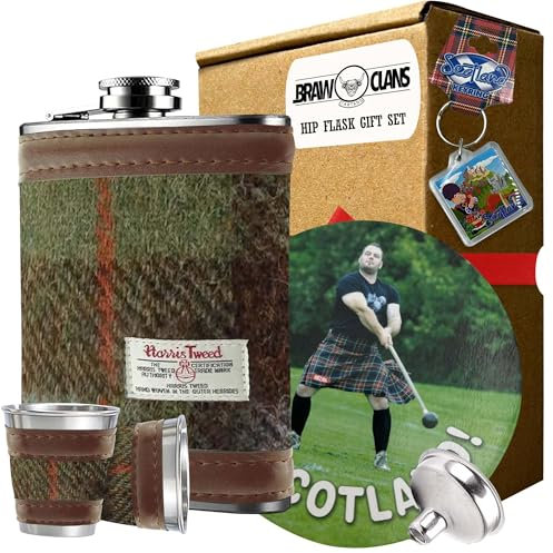 BRAW CLANS TARTANS Gift Box - 6oz Harris Tweed Hip Flask, Shot Glasses, Pour Funnel, Coaster, Keyring – Stainless Steel Tartan Liquor flasks for Men - Leak Proof lid (MacLeod Tartan)