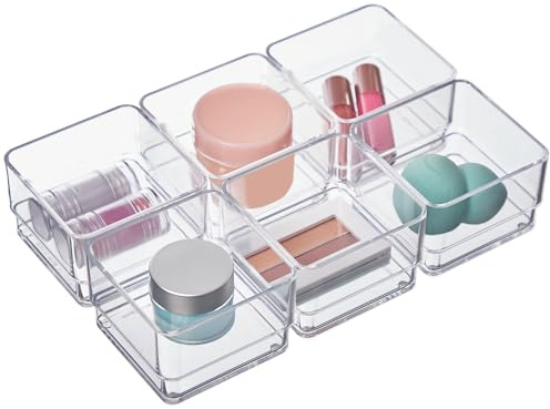 STORi SimpleSort 6-Piece Stackable Clear Drawer Organizer Set | 3 x 3 x 2 Square Trays | Small Makeup Vanity Storage Bins and Office Desk Drawer Dividers | Made in USA