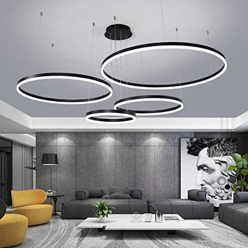 Bellastein Modern Ring Hängelampe Höhenverstellbar Kronleuchter Dimmbar mit Fernbedienung Deckenleuchte Esstisch Pendellampe (Schwarz, 4-Ringe:D40+60+80+100cm)