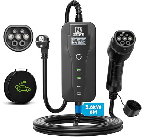 AFYEEV Cavo Ricarica Auto Elettrica Tipo 2, 3.6kW Ricarica Auto Elettrica Portatile, 8/10/13/16A Corrente Regolabile, Cavo Ricarica Auto Elettrica, 6M con Borsa (IEC 62196-2)