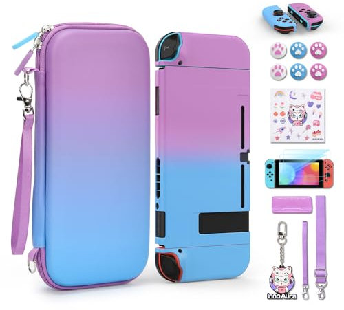 Custodia Switch, innoAura 16 in 1 Bundles di Accessori Switch con Borsa per Switch, Custodia Protettiva Switch, Custodia Giochi Switch, Protettore per Schermo Switch (Gradiente Blu-Viola)