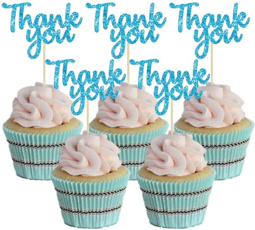 Gyufise 36 Pack Thank You Cupcake Toppers Black Glitter Thanksgiving Cupcake Picks Decorations for Baby Shower Boys Girls Birthday Party Supplies