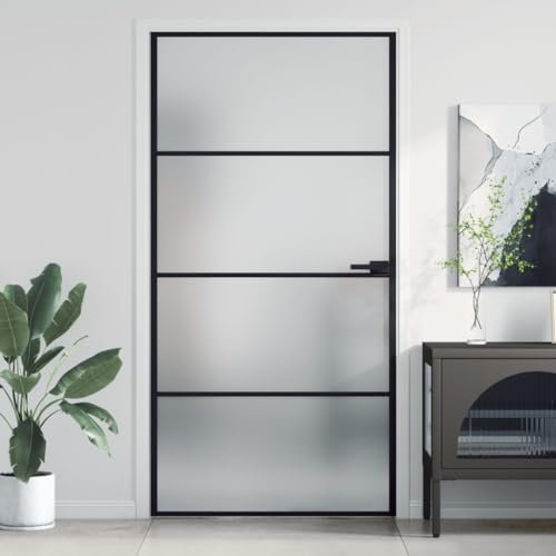 Festnight Puerta Interior de Vidrio y Aluminio, Puerta de Cristal con Mango, Puerta Interior Moderna, Sólido y Seguro, Negro #1 102,5x201,5 cm