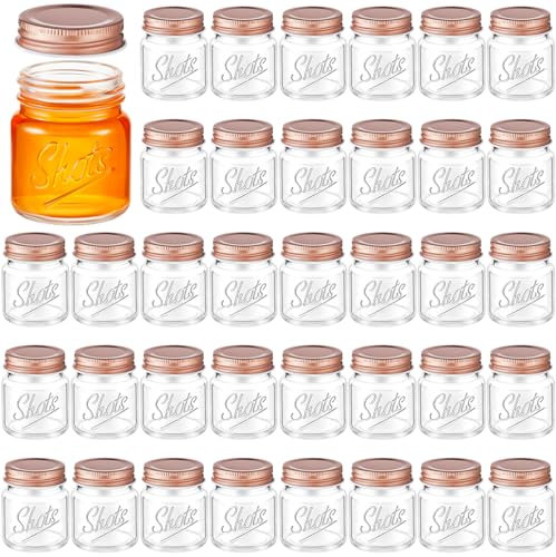 Tessco 36 Pcs Mini Mason Jar Shot Glasses with Lids 2 Oz Dishwasher Safe Mason Shooter Glass for Wedding Party Favors Home Bar Drinks Favors Desserts (Clear,Rose Gold)
