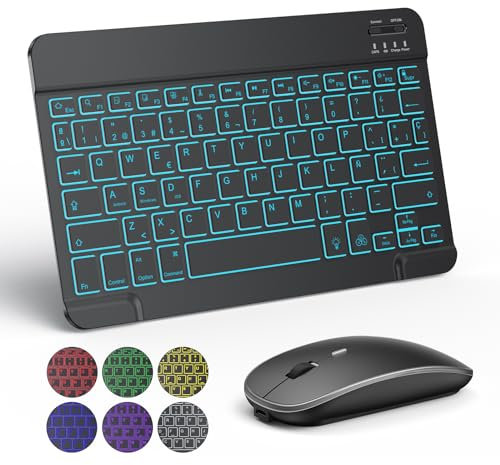 TECURS Teclado y Ratón Inalámbrico Bluetooth, Teclado y Ratón Retroiluminados Recargables Silenciosos y Portátiles para iPad Tablet/PC/iOS/Android/Windows, Diseño QWERTY, Negro