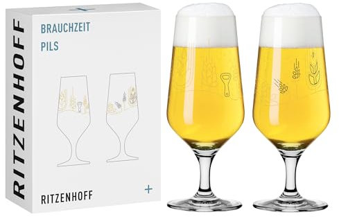 Ritzenhoff 3471006 Lot de 2 verres à bière, 300 ml, série Brauchzeit, motif de houblon et malt, multicolores, fabriqués en Allemagne, Noir/Doré