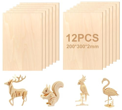 NVIYAM 12 Piezas Madera de Balsa Fina, 300x200x2mm Madera Contrachapada, Tablero Contrachapado, Sin Terminar Tablero Madera para Manualidades Decoración,Proyectos de Láser,Pintura,Modelado
