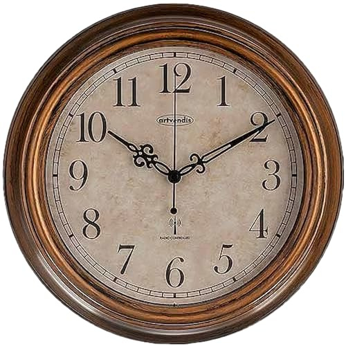 artvendis 5575B Funk-Wanduhr 30 cm, Außenuhr und Bürouhr in antik Optik, wasserdichte Vintage Gartenuhr wetterfest, Arabische Ziffern gut ablesbar, mit Sekundenzeiger