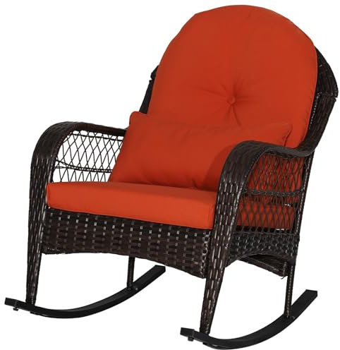 MEDIMALL Outdoor-Wippstuhl aus Korbgeflecht, Rattan-Wippe mit Lendenkissen, gepolsterter Sitz- und Rückenkissen, Metallrahmen, gemischte braune Korbmöbel für Balkon, Veranda, Deck, Hinterhof (rot)
