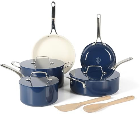 Martha Stewart Galway Premium Nonstick PFA Free Ceramic Interior 10 Piece Heavy Gauge Enamel Aluminum Pots and Pans Cookware Set W/Aluminum Lids - Navy Blue