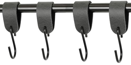 Handles and More - 4x S Haken für Kleiderstangen - Vintage Grau - Größe L - für max. Durchmesser 49mm - Kleiderhaken mit Lederschlaufe - Garderobenhaken aus echtem Leder - Fleischerhaken für Garderobe