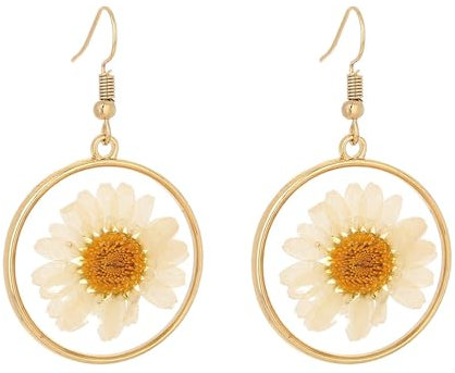 Fresh Feeling Chrysanthemum Earrings Round White Natural Chrysanthemum Transparent Earrings Accessories Gold Plated Love Knot Earrings (Gold, One Size)