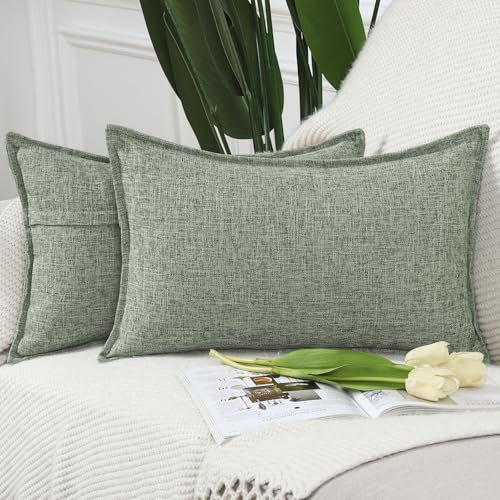 Madizz 2er Set Polyester- Leinen Kissenbezügen Weiche dekorative Kissenbezüge für Sofa Schlafzimmer Kissenhülle Graugrün 30x50 cm Rechteckig