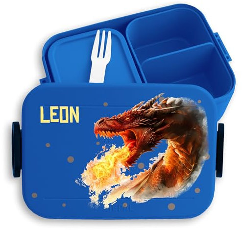 Bento Box Midi Lunchbox Mepal Bentobox - Drache - Brotdose mit feuerspeiendem Drachen für Kinder | Personalisierbar mit Namen | Geschenk für den Schulstart und Kindergarten - 900 ml - Blau