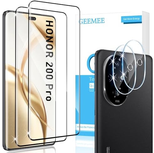 GEEMEE pour Honor 200 Pro Verre Trempé, Protection écran et Caméra Arrière Protecteur, 【2+2 Pièces 】 Ultra Clair 9H Crystal Protection Ecran Anti - Rayures Screen Protector