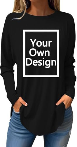 Black Tunic Personalised T Shirt Custom Print Long Sleeve T Shirt Make Your Own Customised Ladies Round Neck Jumper Longline Shirts Streetwear