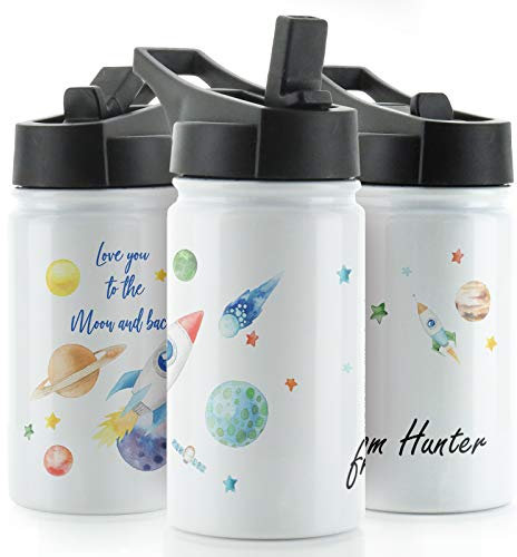 Personalised Water Bottle, 350ml White Sports Flask with Straw Cap Flip Lid, Stainless Steel, Customised with Name, 'Love You to The Moon and Back' Space Rocket Ship Design Print, Dad Drink Bottle