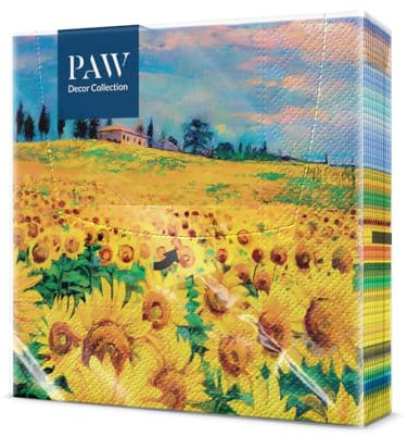PAW - Servietten 3-lagig I 20 Stück I Perfekt für Geburtstag, Partys, Meetings I Herbst Tischdekoration I Bunte Papierservietten - Sonnenblumen Gelbe Blütenblätter I Painted Sunflowers