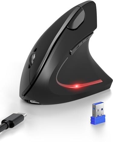 TECKNET Jiggler Ergonomic Mouse, Bluetooth Rechargeable Vertical Mouse (BT5.0/3.0+USB-A), Wireless Mouse 6-Button, Optical Mouse 4800 DPI 6 Adjustable Levels, Quiet Clicks, Wide Compatibility-Jiggler