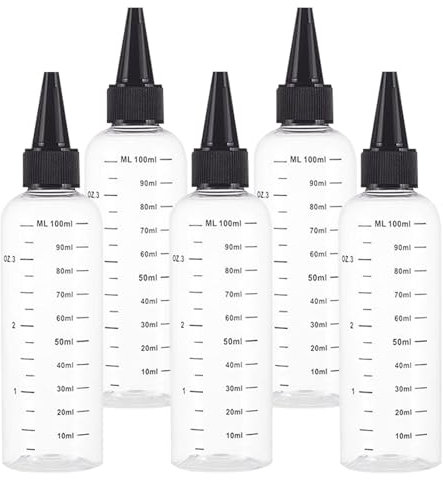 Yudobliss Flacon à Presser, 5 Pièces 100ml Flacon à Presser Transparents avec échelle Graduée, Bouteilles en Plastique Rechargeables avec Bouchons Pivotants, pour Huiles, Gels, Colles(Noir)