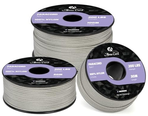 Abma Cord Paracorde 2mm 100m Corde Nylon 3 Brins Type I pour Bricolage, Camping, Extérieur - Max. 90kg (200lbs) - Gris