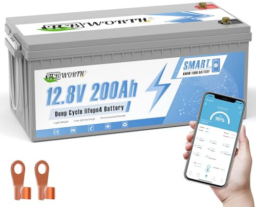 TCBWORTH Batterie Lithium 12V 200Ah, Batterie LiFePO4 Rechargeable avec Bluetooth BMS 200A, 8000+ Cycles, Pour Camping Car, Système Off-Grid, Bateau, Caravane, Solaire