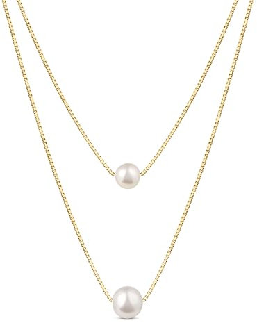 Amberta Italian 925 Sterling Silver Pearl Necklace for Women, Wedding Bridesmaids Gifts Adjustable Size Stackable Dainty Choker: Gold Layered Necklaces for Women | Freshwater Pearl Chain