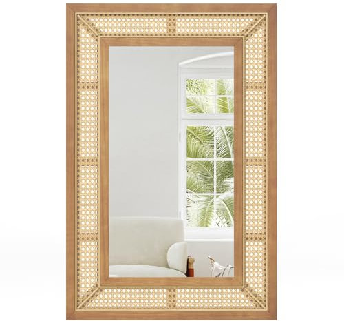 COSTWAY Rechteckiger Wandspiegel Rattan, 90 x 60 cm, dekorativer Spiegel mit Holzrahmen & Haken, horizontal oder vertikal, Dekospiegel Wandmontage, für Wohnzimmer, Schlafzimmer, Eingang, Natur